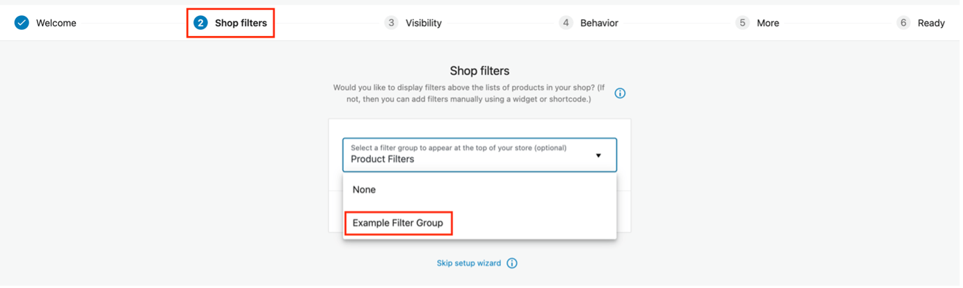 Screenshot showing the dropdown box in the setup wizard for choosing the filter group to add to the store
