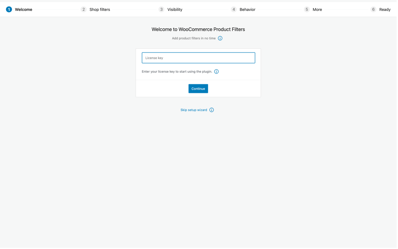 Step 2 - entering the WooCommerce Product Filters product key