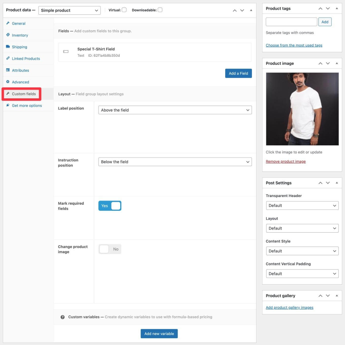 Add custom fields to individual product