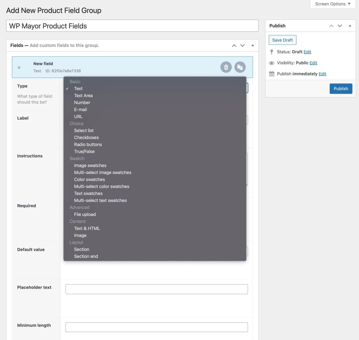 Product field group options