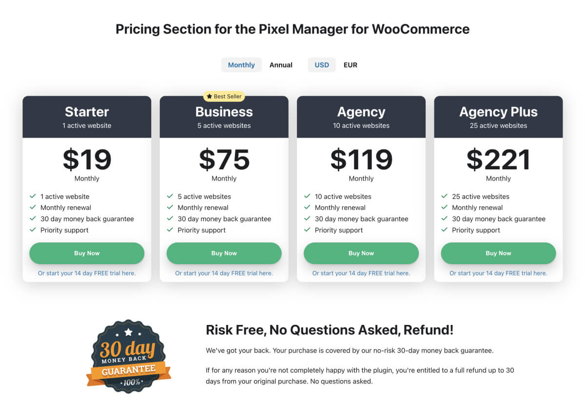 Pixel Manager for WooCommerce's pricing plans
