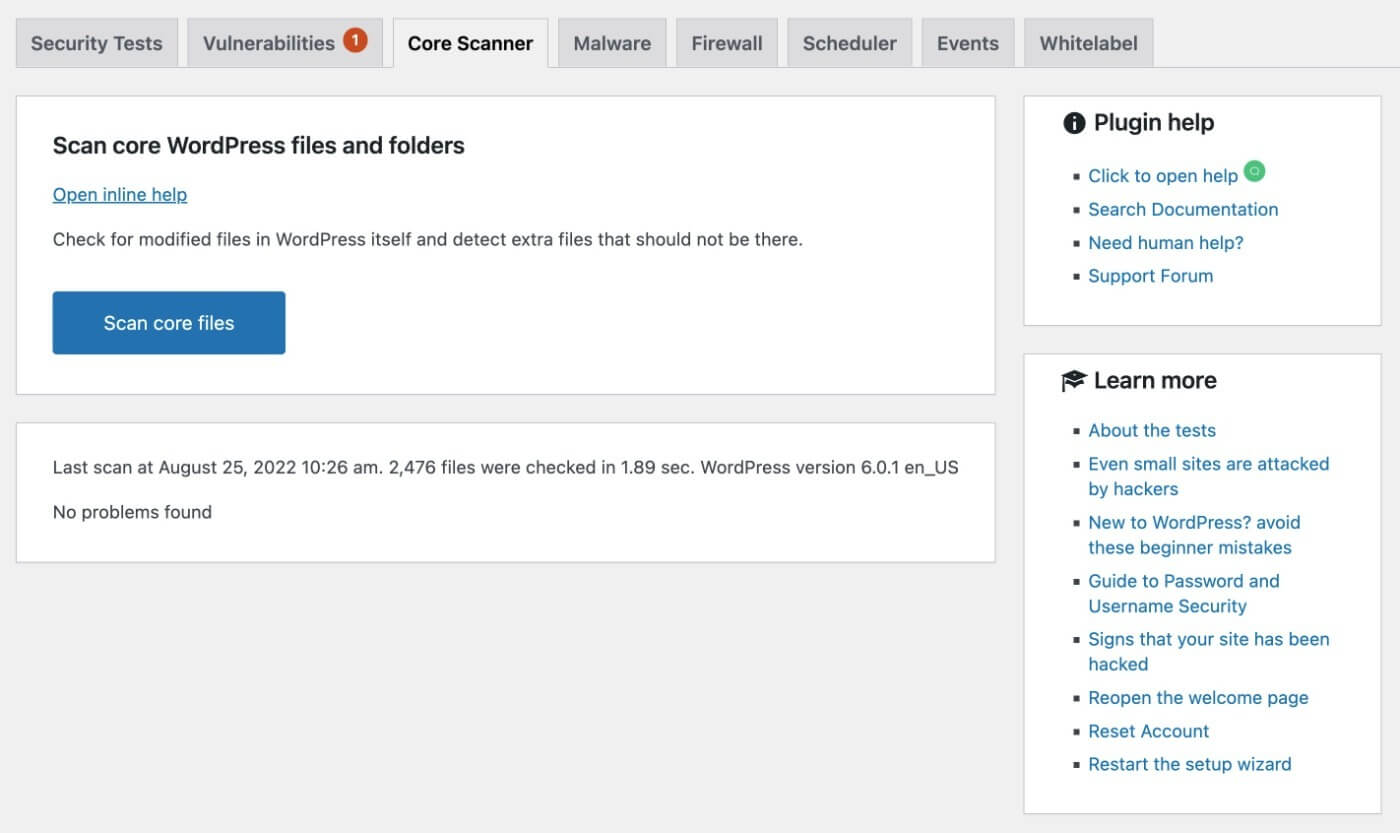 WordPress core scanning