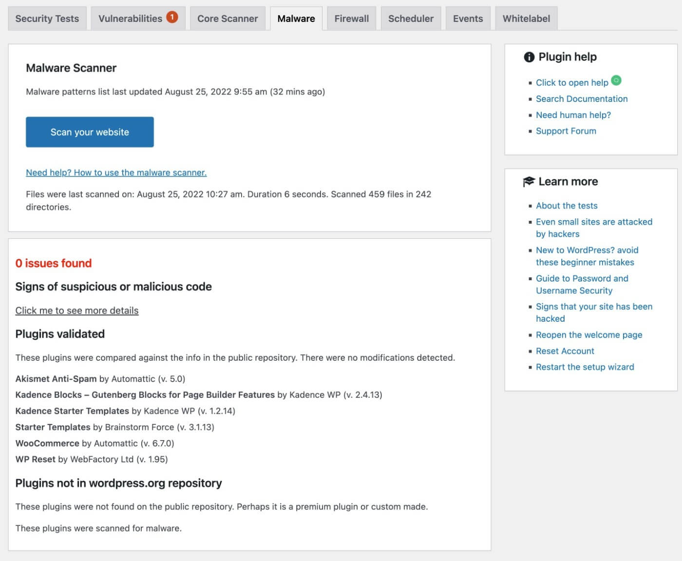 Malware scan results