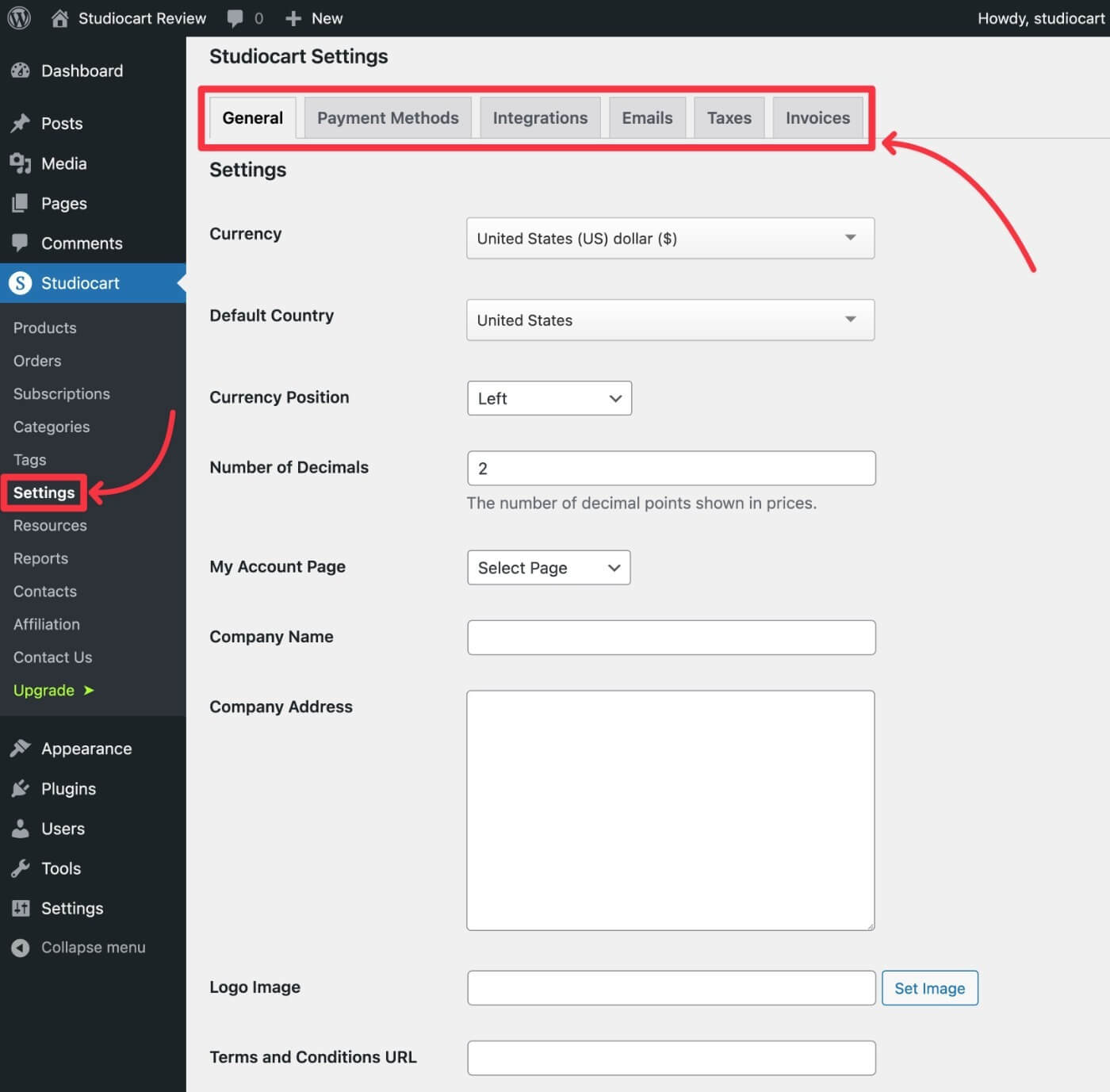 Studiocart general settings