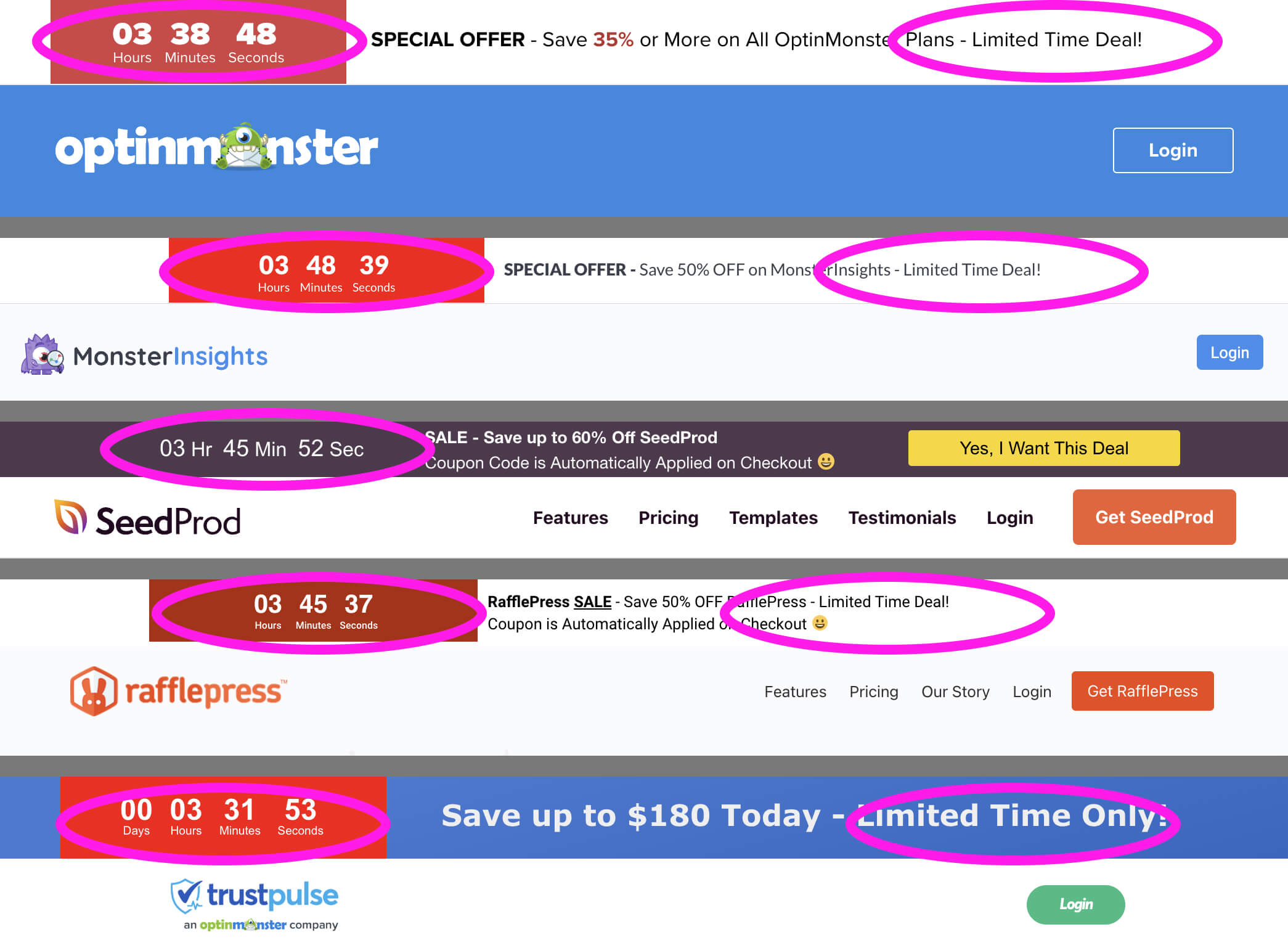 Various countdown timers from WordPress plugin pricing pages.