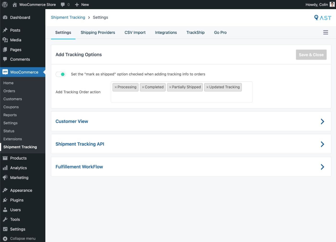 Advanced Shipment Tracking settings