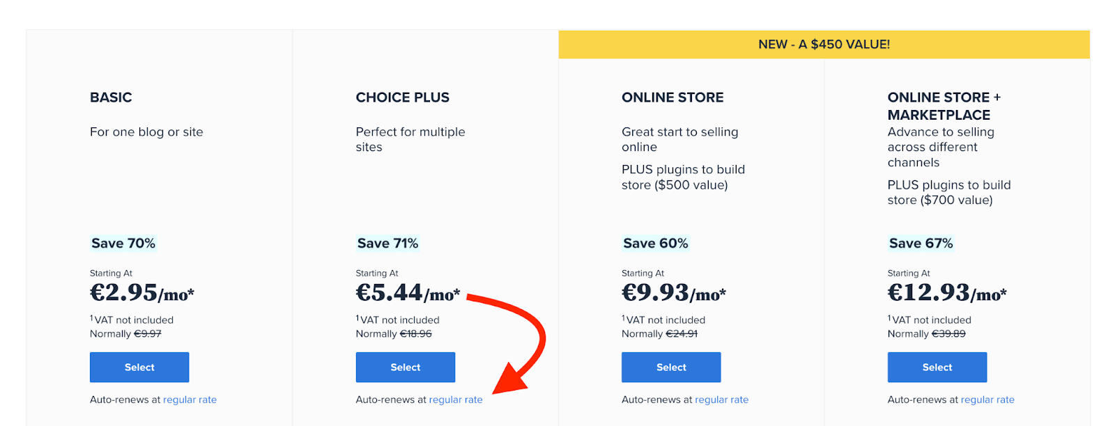 Bluehost pricing plans.