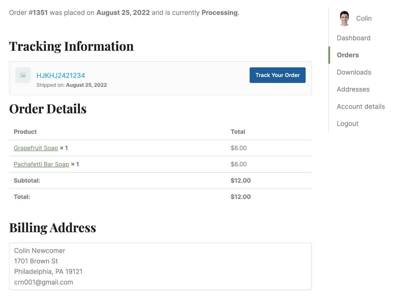 Tracking button in my account page