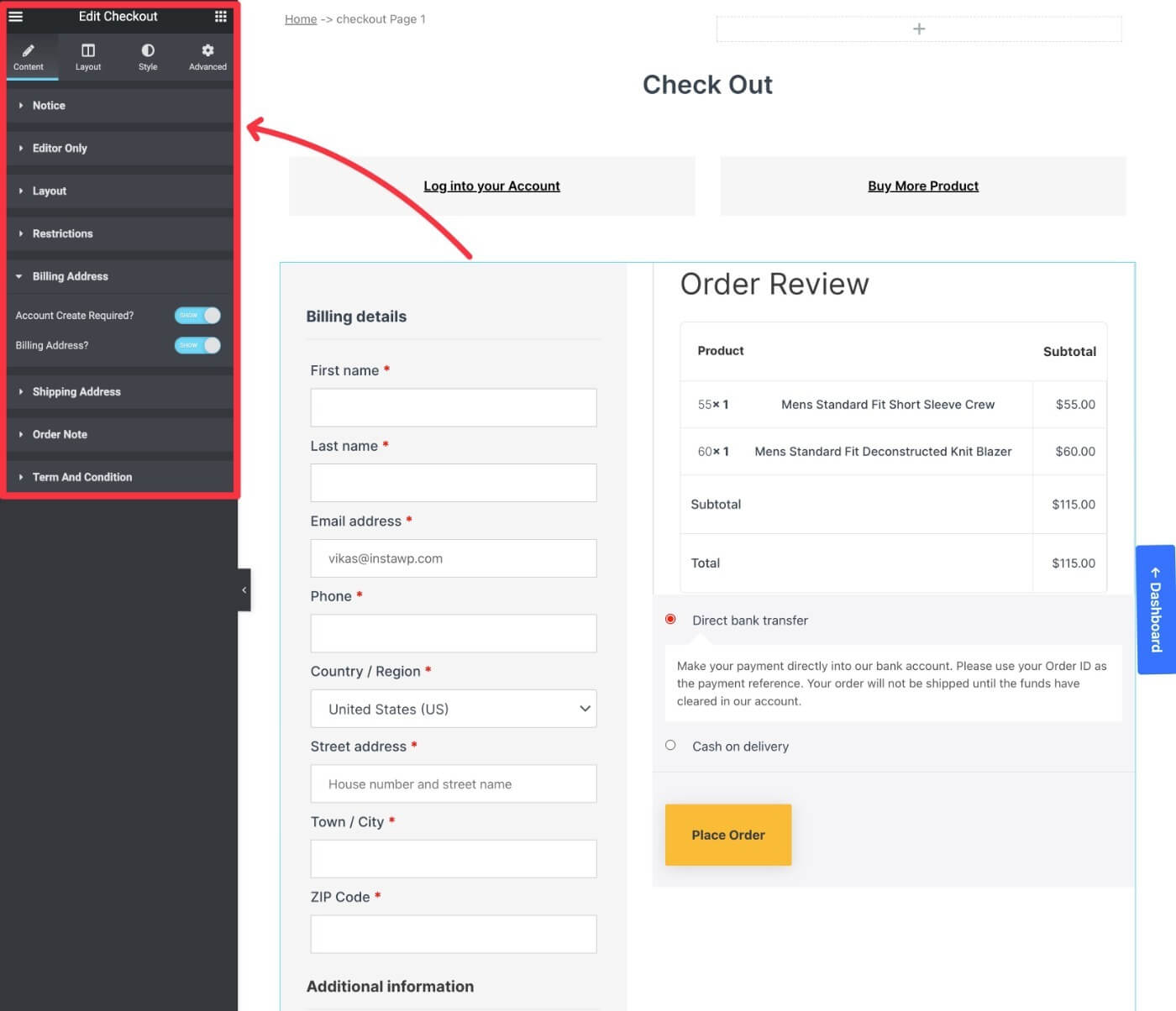 Elementor checkout widget
