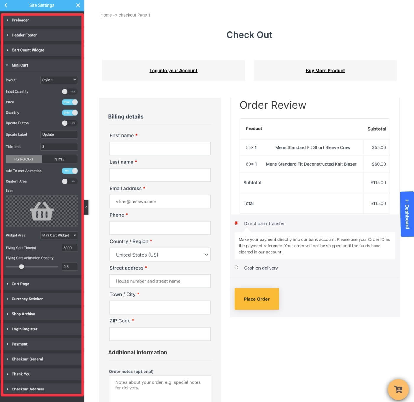 ShopReady settings in Elementor Site Settings