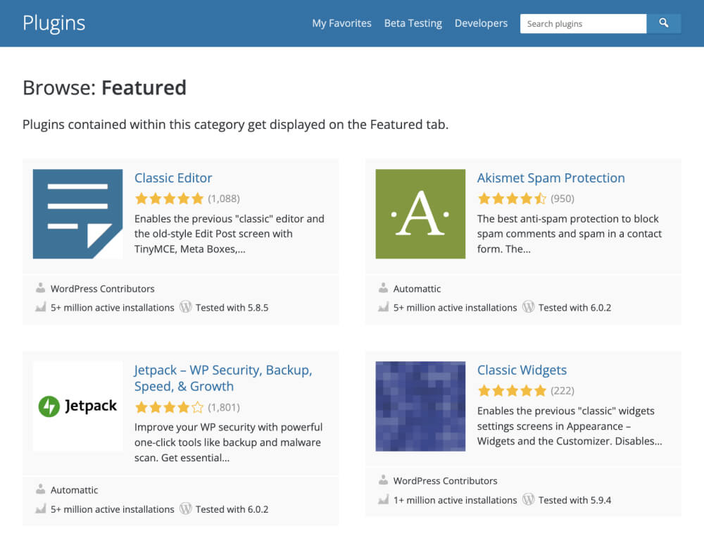 The featured plugins chosen by WordPress.org.