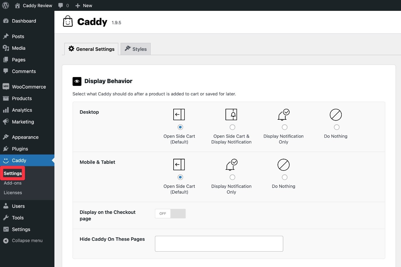 Caddy WooCommerce side cart settings area
