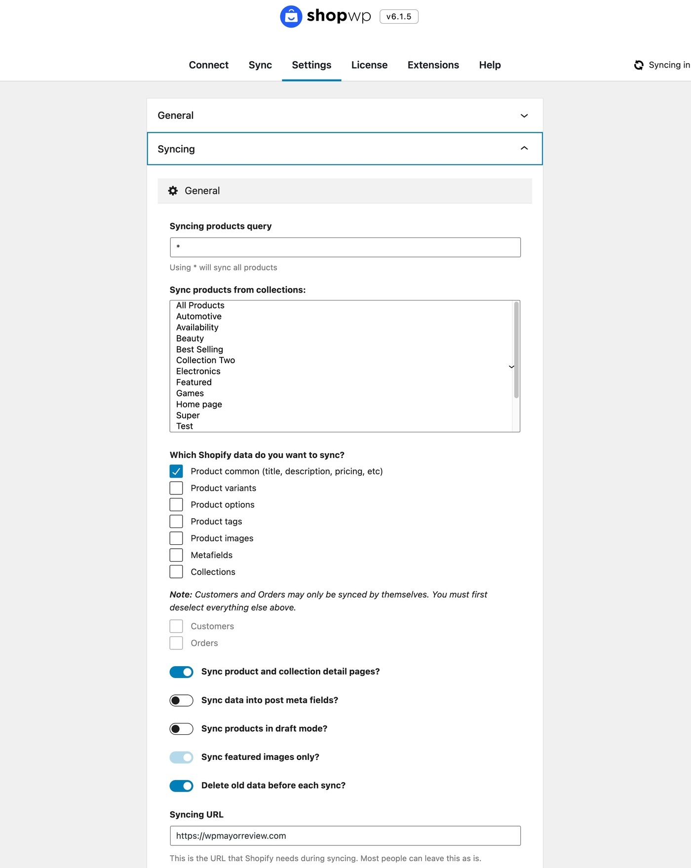 Sync settings