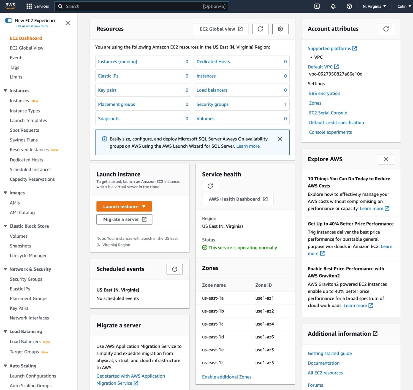 EC2 dashboard