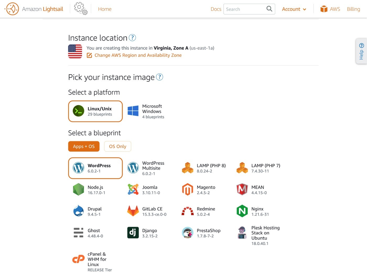 Amazon Lightsail hosting blueprints