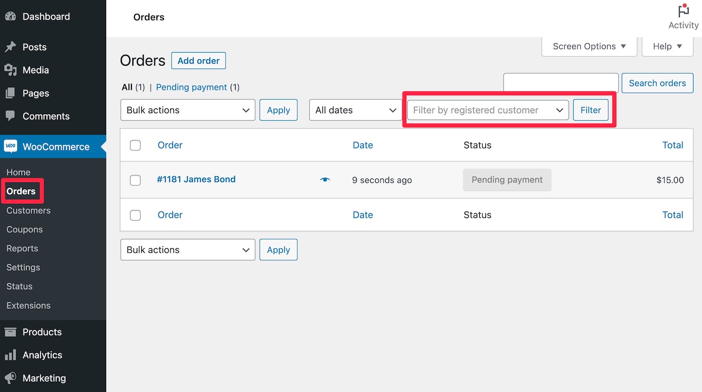 WooCommerce order list