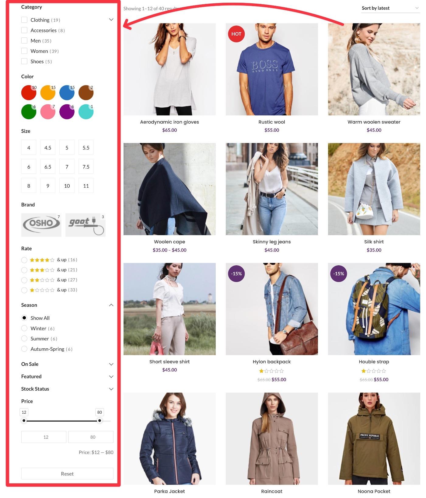 Vertical product filters
