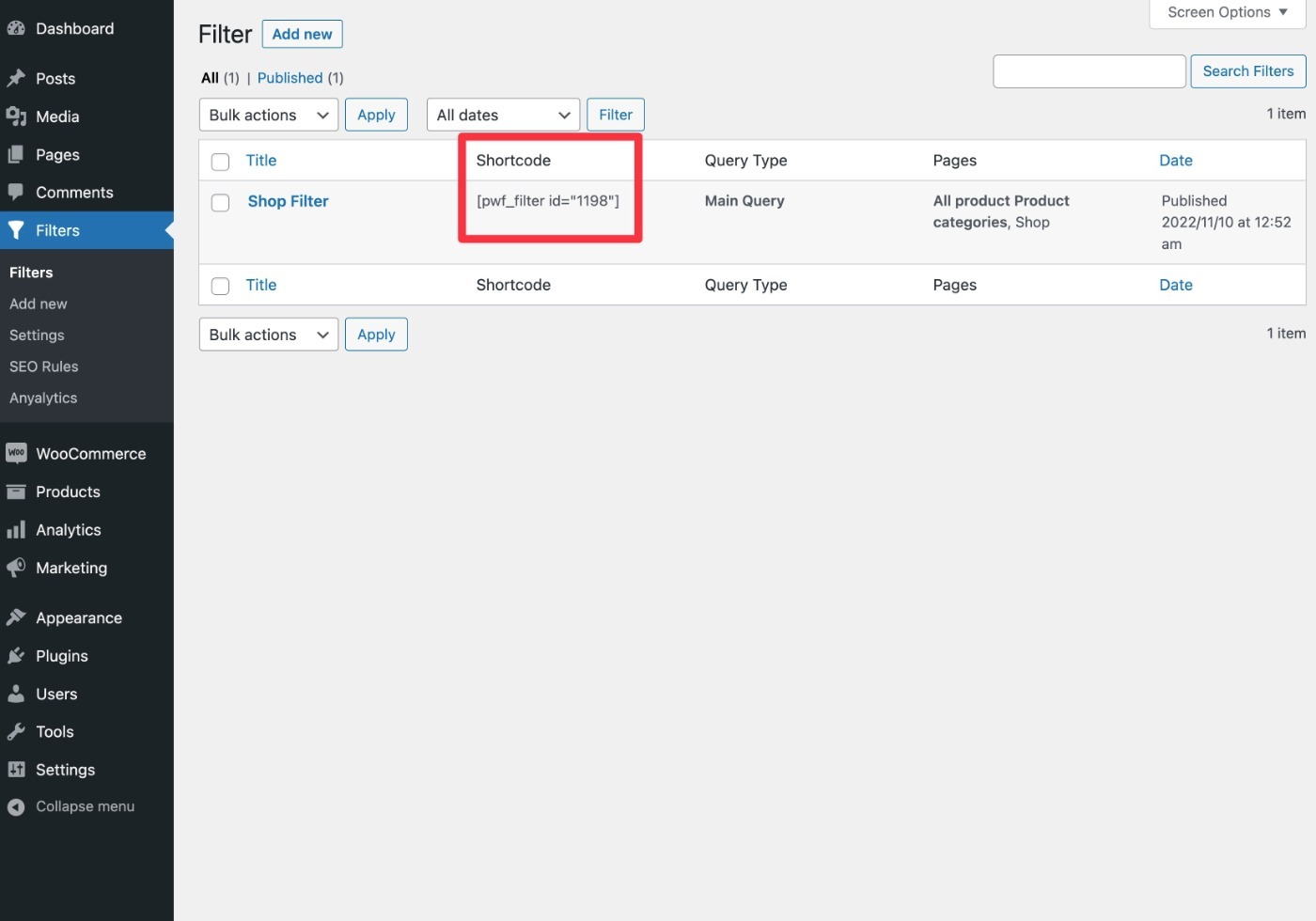 Filter shortcode