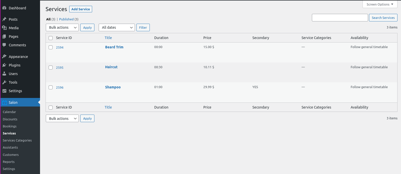 Salon Booking menu