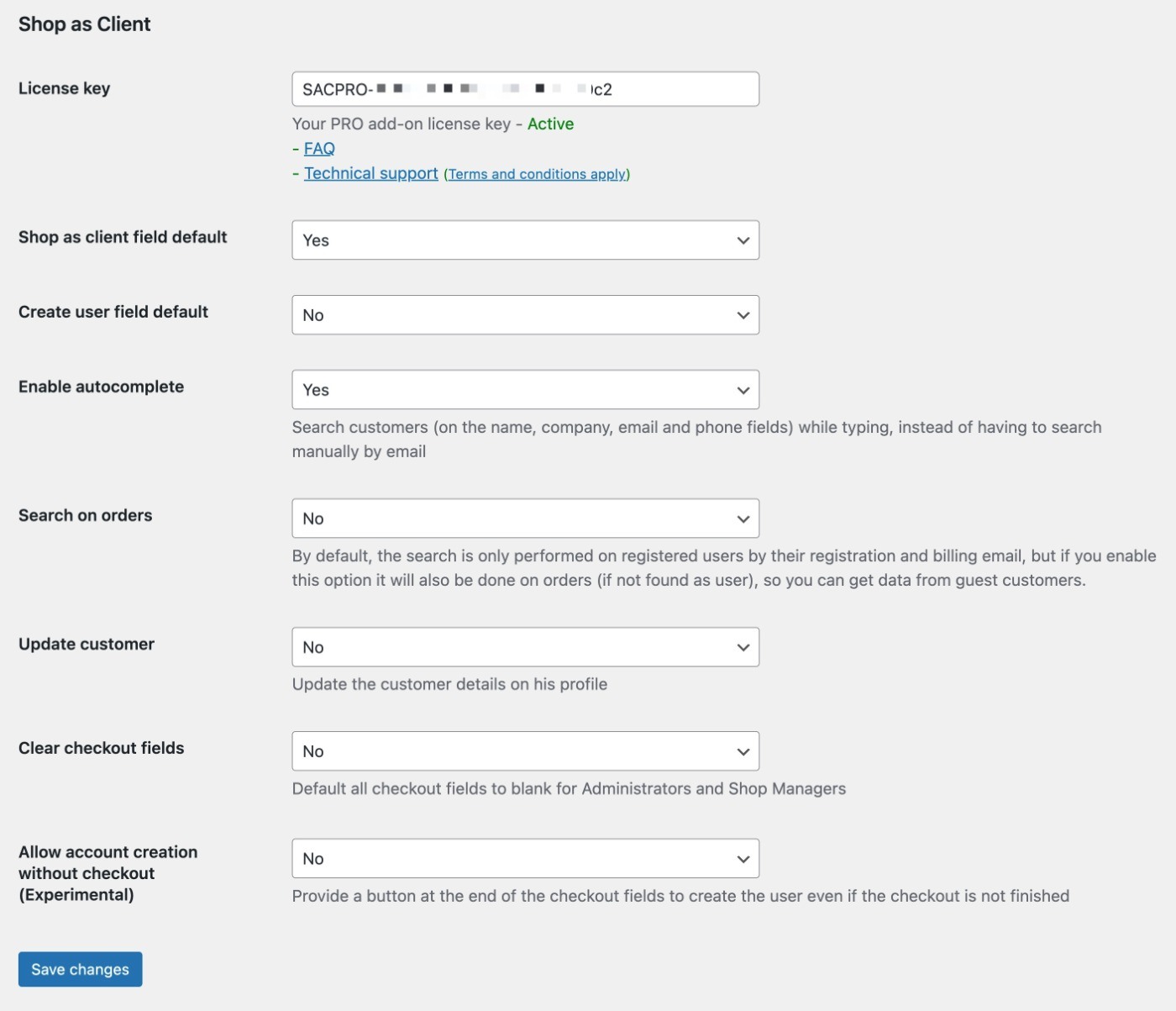Shop As Client for WooCommerce settings