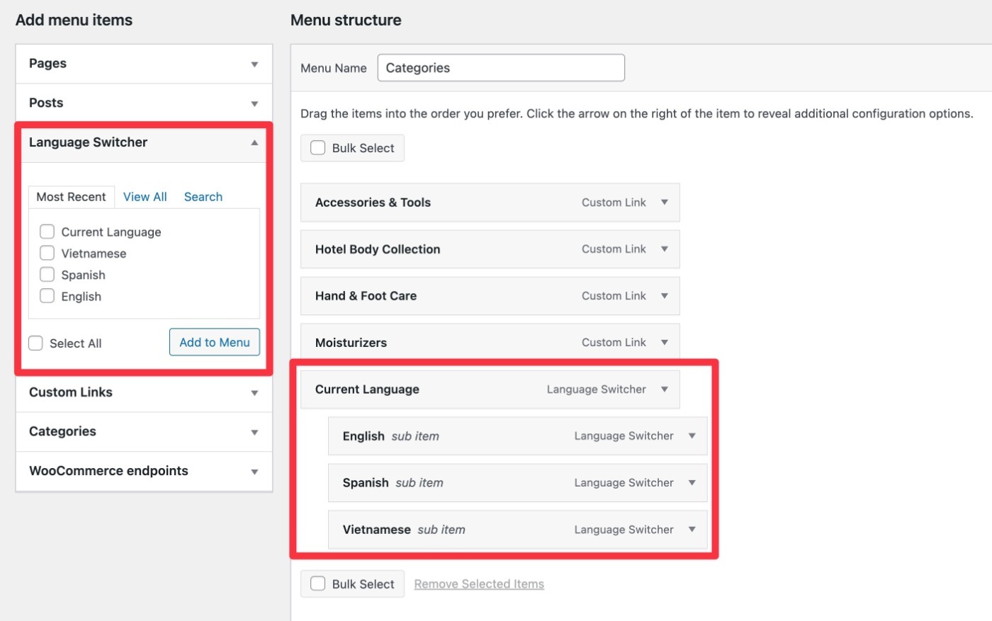 Menu language switcher settings