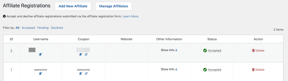 Approving affiliates within the Affiliate Registrations screen.