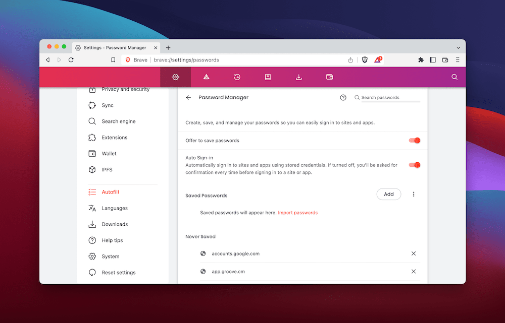 The Brave browser password manager tool.