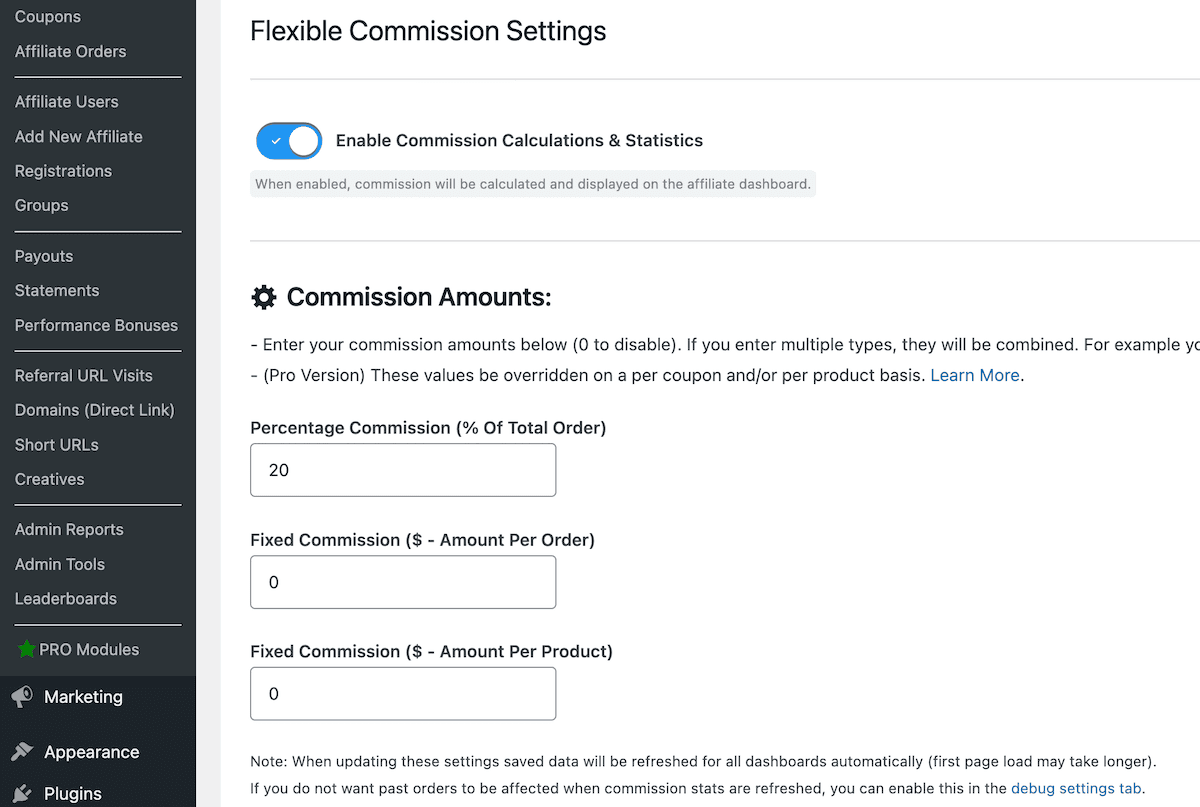 The commission settings within Coupon Affiliates.
