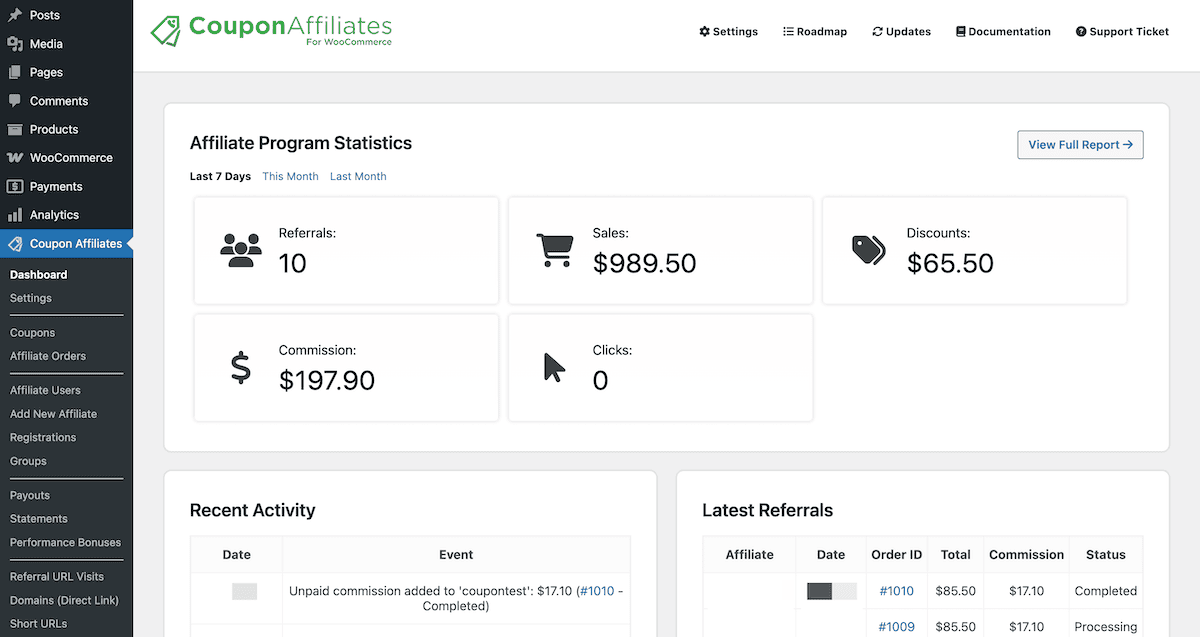 The Coupon Affiliates dashboard.