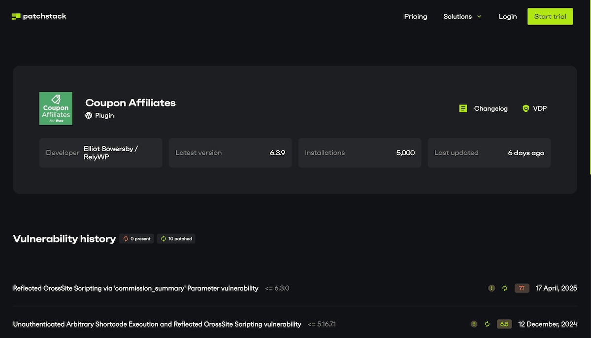 The Patchstack page for Coupon Affiliates.