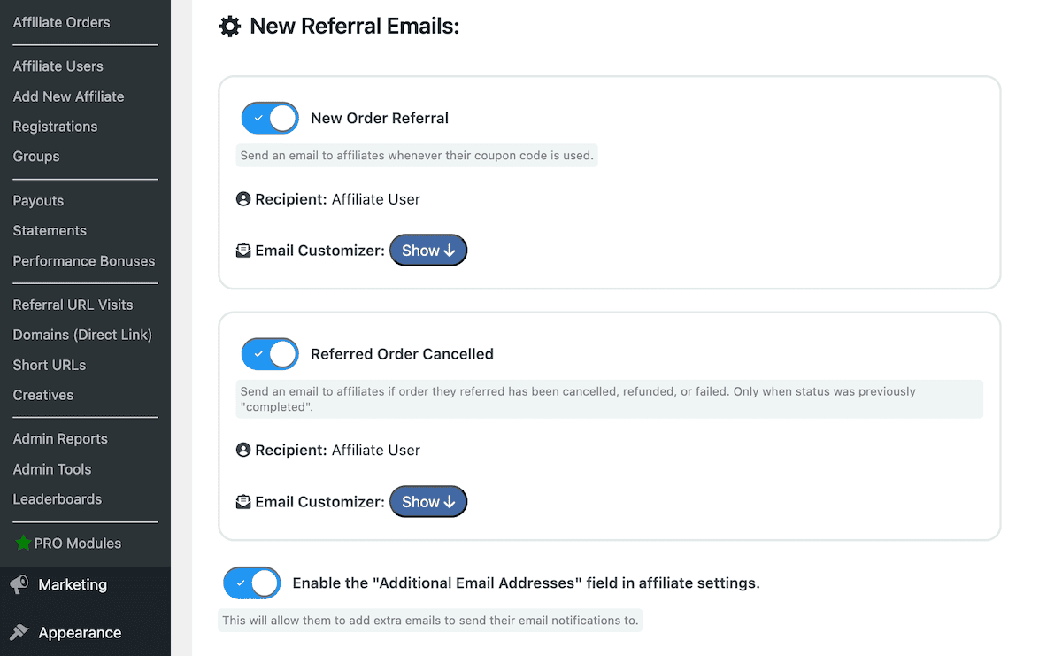 The email notifications screen within the Coupon Affilaites dashboard.