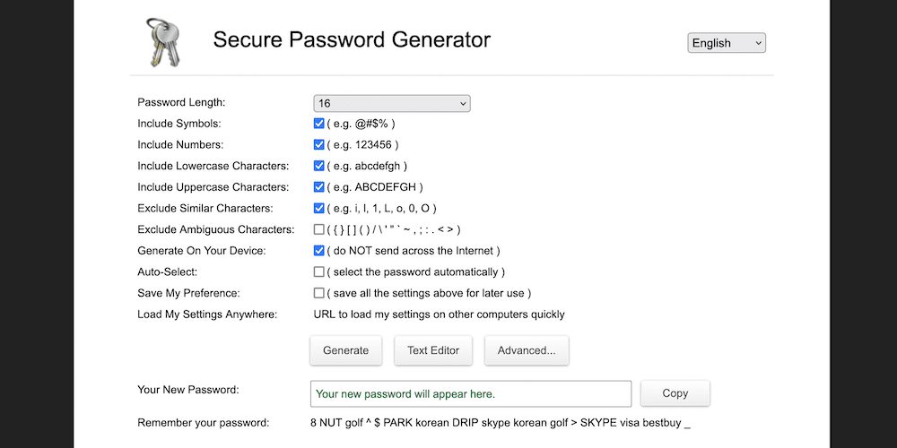 Generating a new password using an online tool.