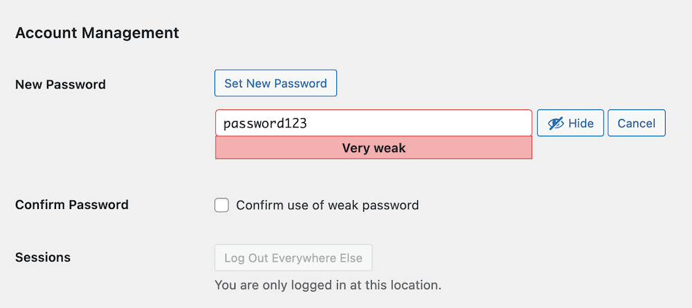Attempting to set a weak password within WordPress.