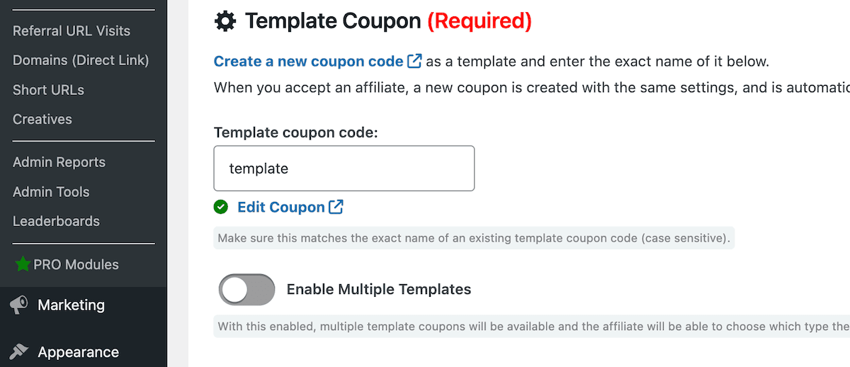 Creating template coupons in Coupon Affiliates.
