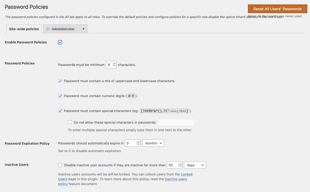 Toggling password policies within the WPassword plugin.