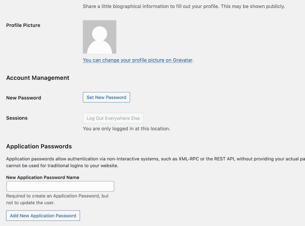 A WordPress profile page showing the password field.