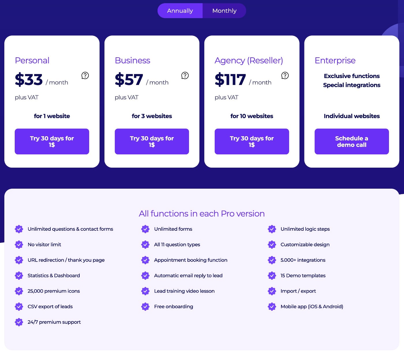 Funnelforms monthly pricing