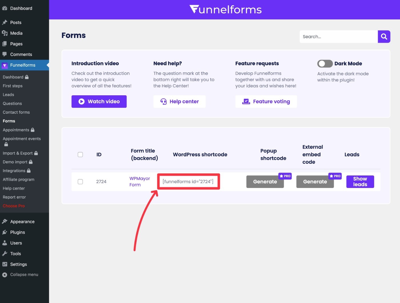 Funnelforms shortcode