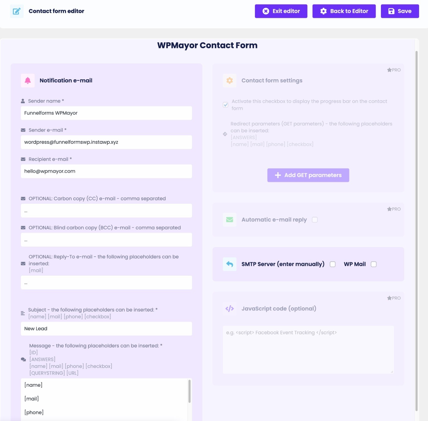 Contact form settings