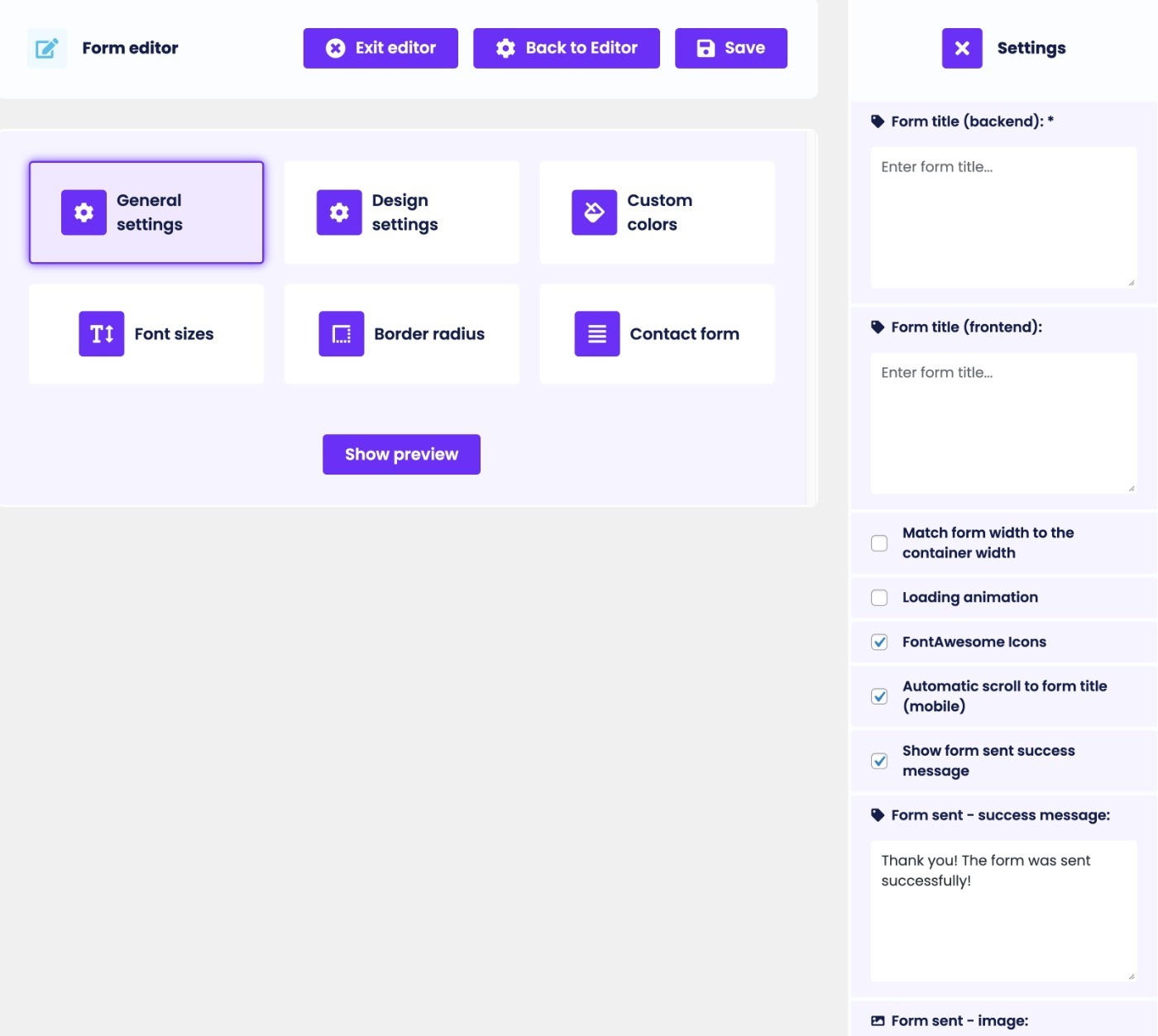 Form settings area in Funnelforms