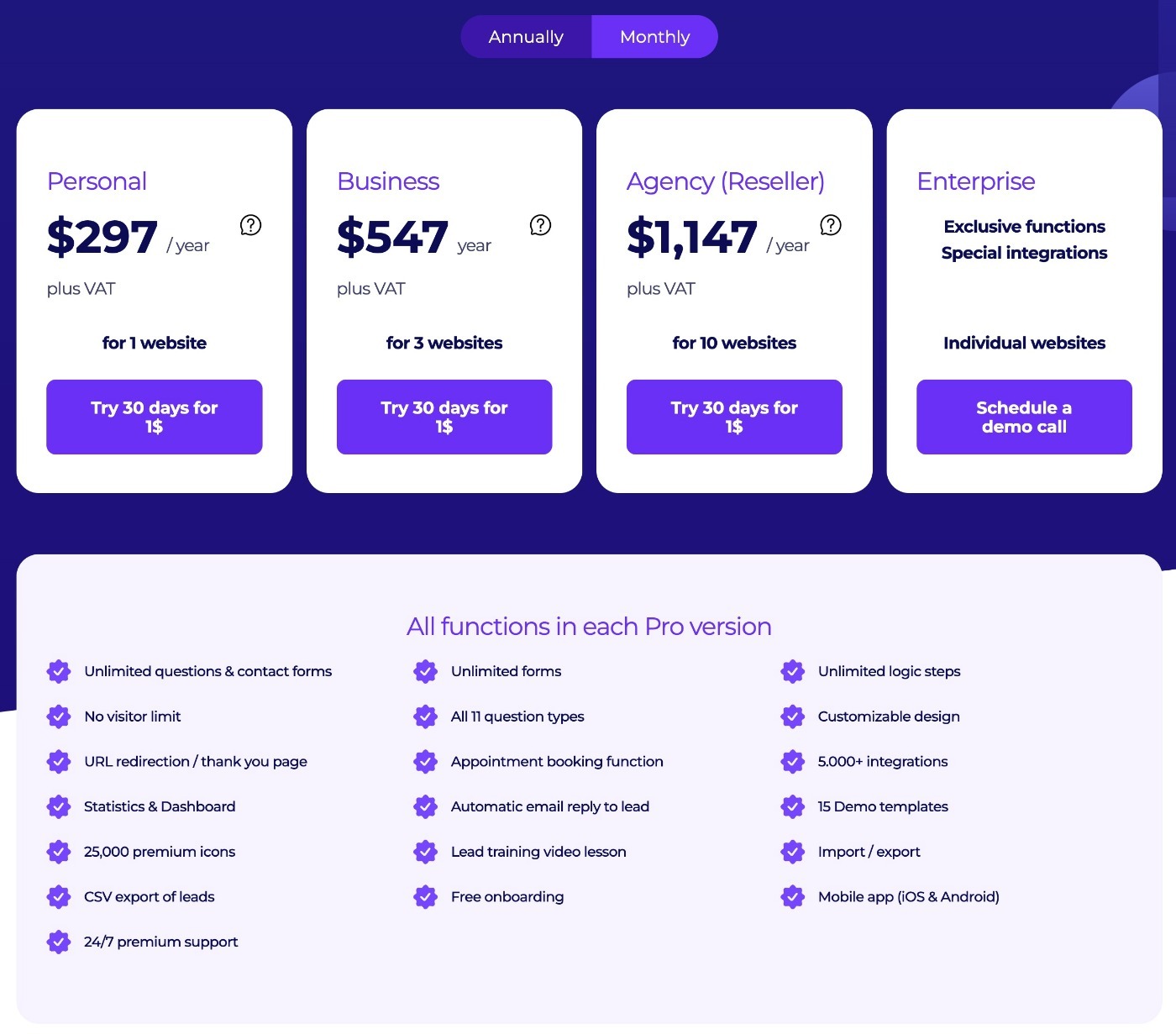 Funnelforms yearly pricing