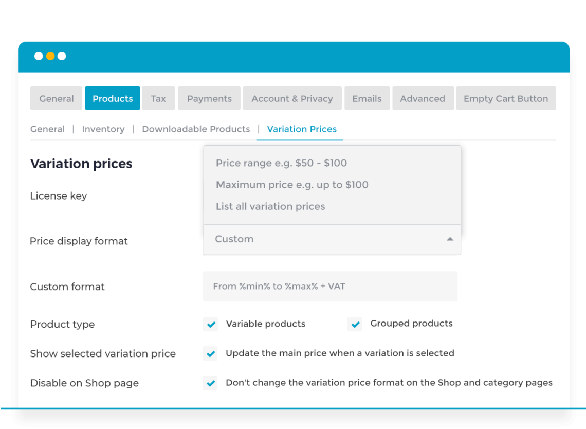 WooCommerce variation prices plugin settings