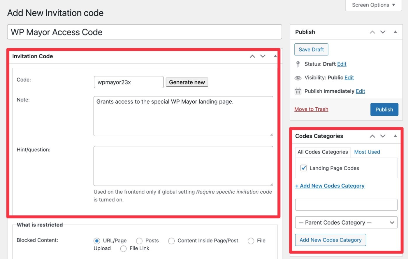 Access code options