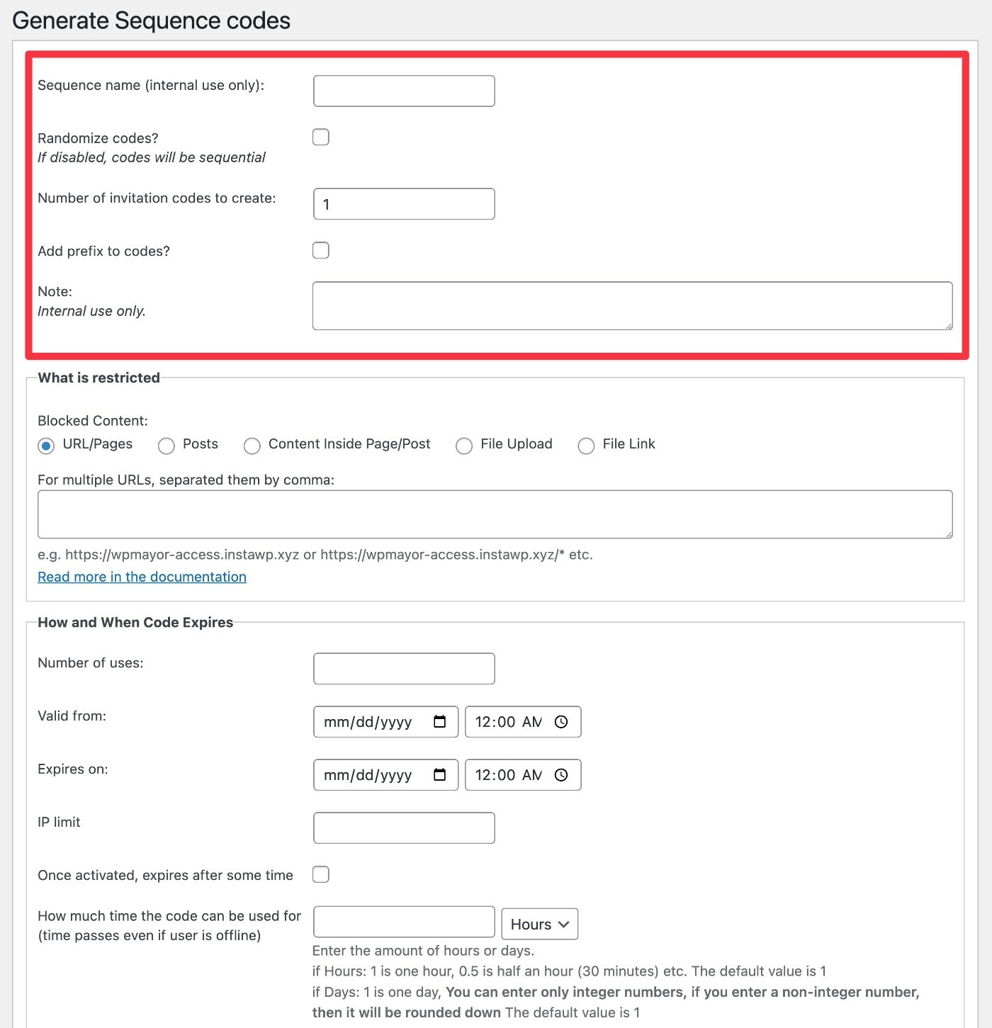 Bulk generate access codes