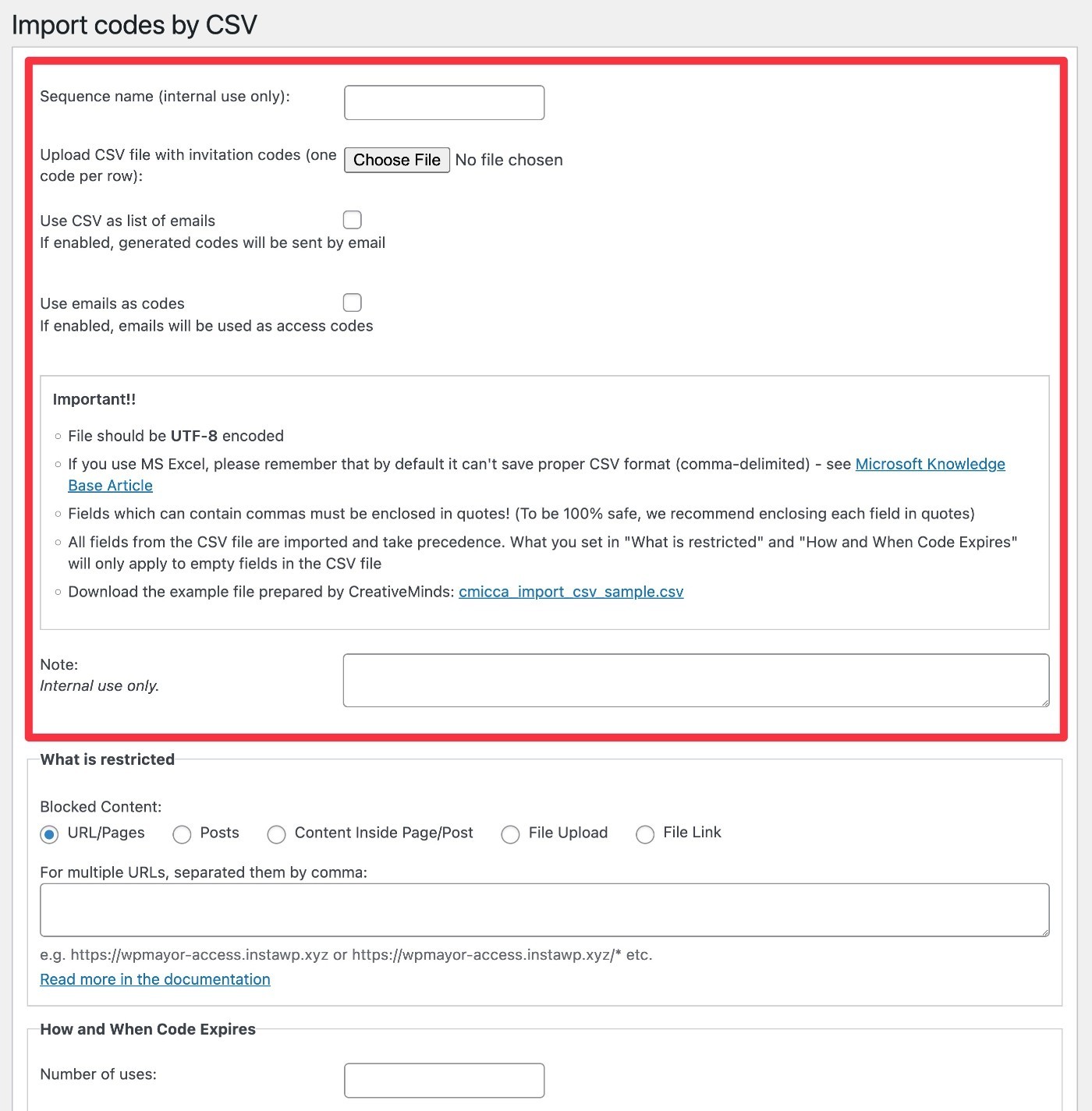Import access codes from CSV