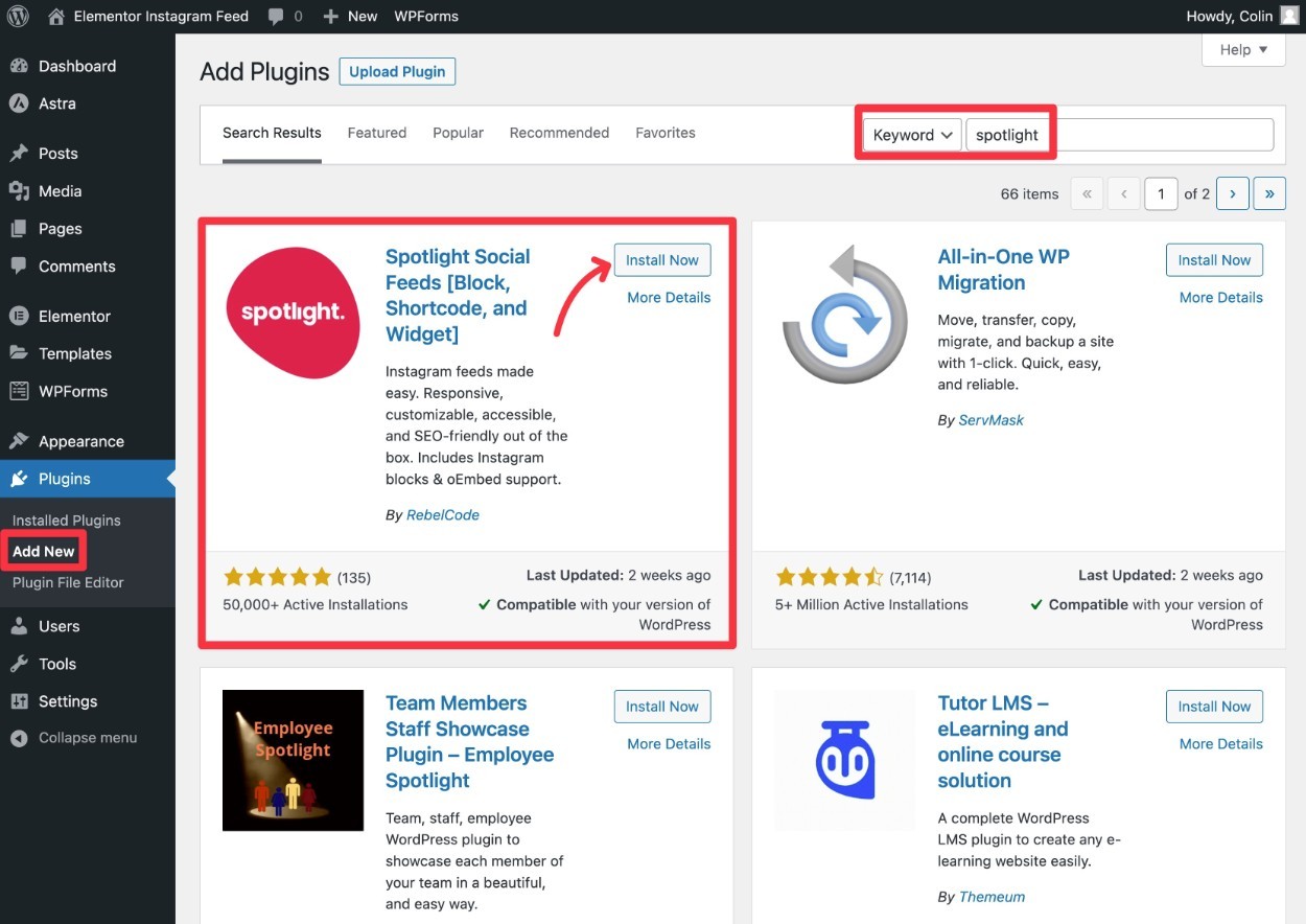 Install and activate the Spotlight Elementor INstagram feed plugin