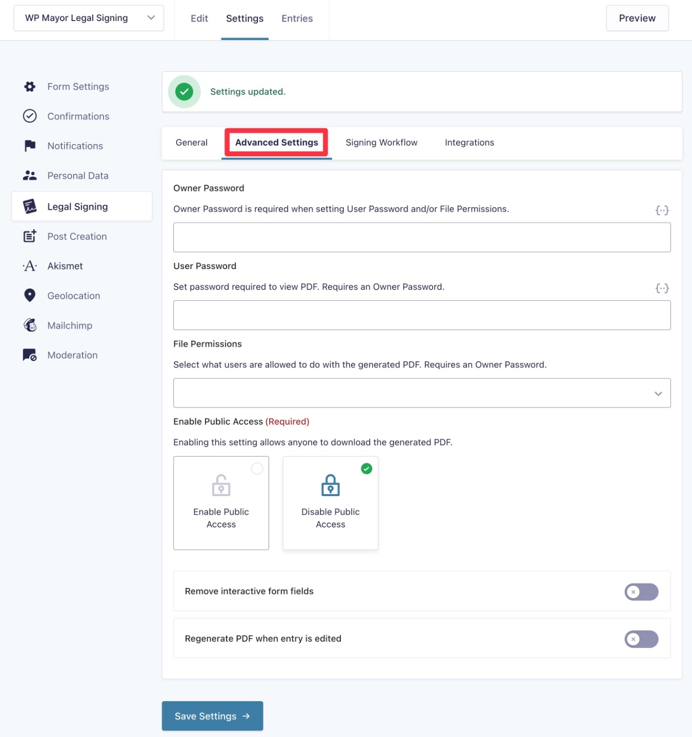 Advanced settings for legal signing with gravity forms
