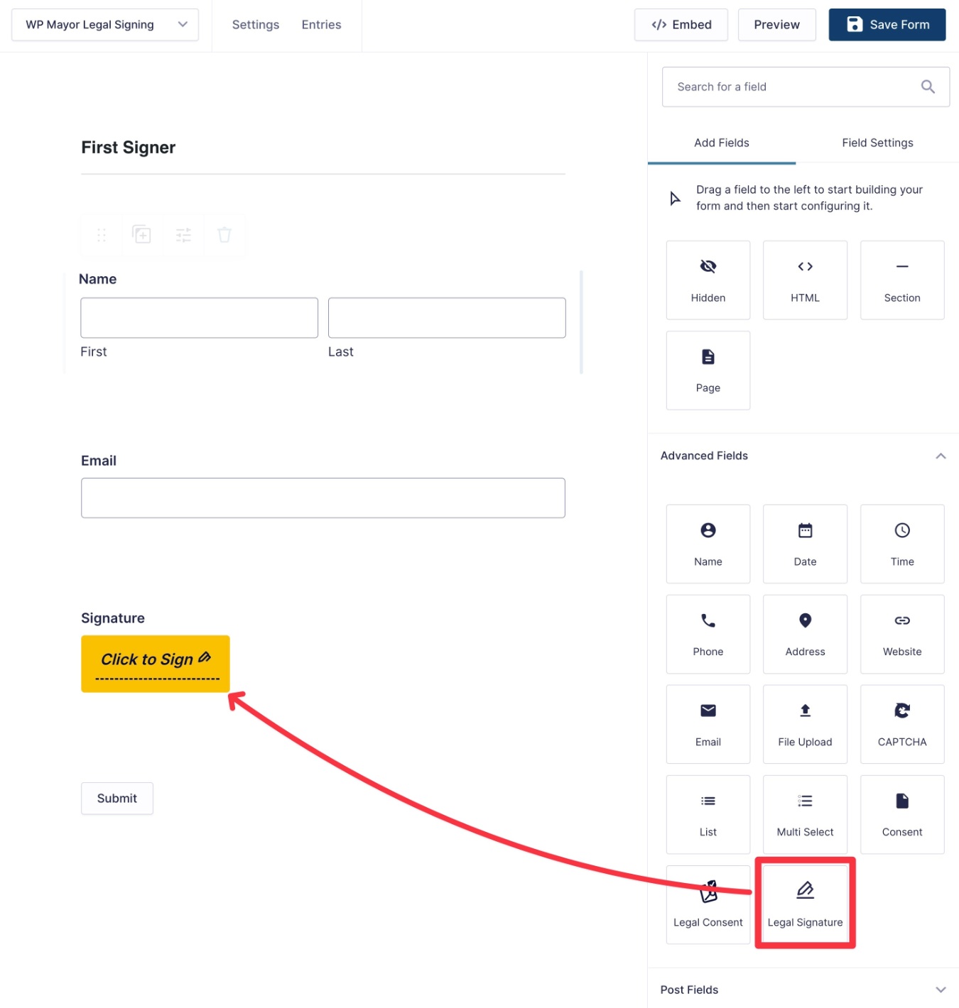 Add the Legal Signature field