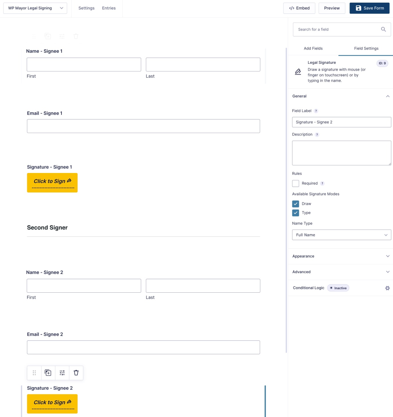 adding the fields for legal signing with Gravity Forms