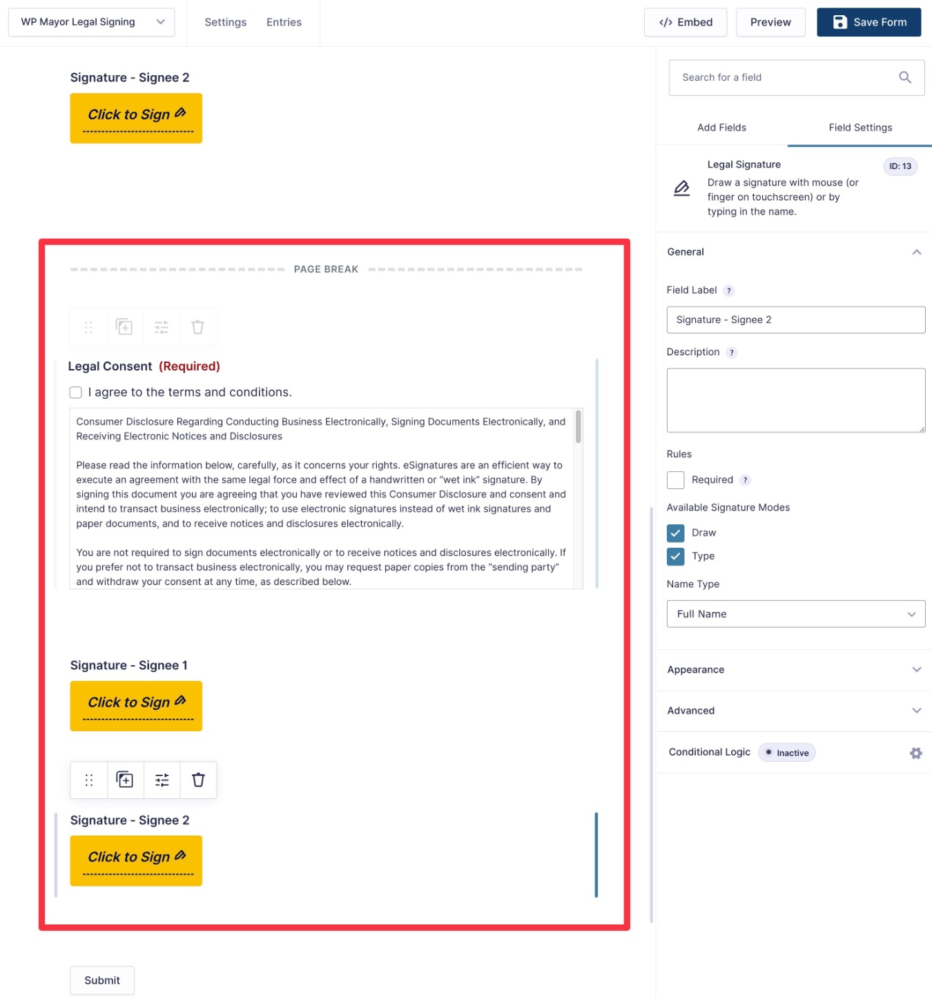 Adding a second page legal consent field